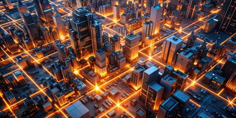 Cityscape top down view orange lights connection networking background