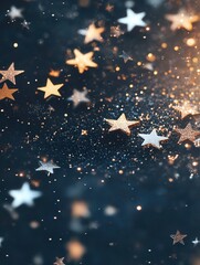 Poster - Gold and silver stars of different sizes sparkle in a dark setting, evoking a sense of wonder and tranquility at night. Generative AI
