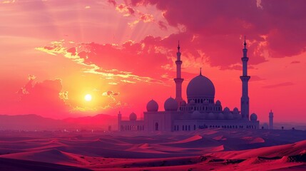 A Majestic Mosque in the Desert at Sunset