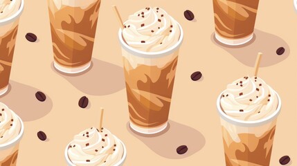 Wall Mural - Enjoy a delightful collection of iced coffee drinks topped with cream on a cool light brown backdrop, perfect for summer refreshment and relaxation