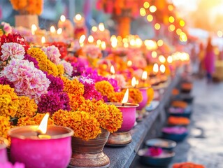 Wall Mural - Colorful offerings displayed at a festival in memory of lost loved ones, with vibrant flowers and lights, Memory Offering, Cultural homage