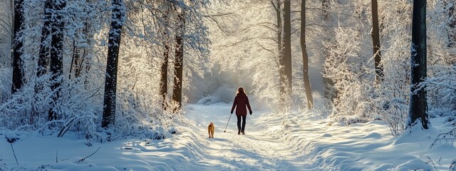 Canvas Print - A person walks with a dog along a snowy forest path during a winter morning filled with soft sunlight and frosty trees