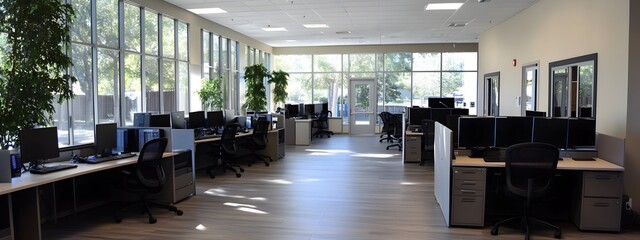 Leinwandbilder - Bright Minimalist Office Space with Computers and Essential Equipment