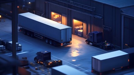 Poster - Bustling Loading Dock with Trucks and Workers Under Dramatic Lighting