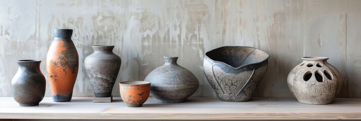 Wall Mural - Collection of handmade pottery vases and ceramic decorative bowls displayed in an interior setting