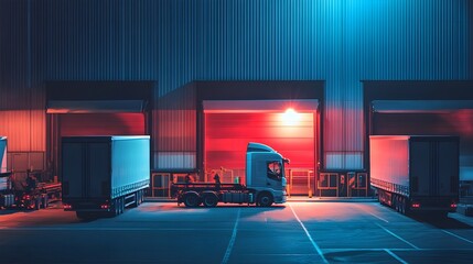 Poster - Bustling Loading Dock with Trucks and Workers in Directional Lighting