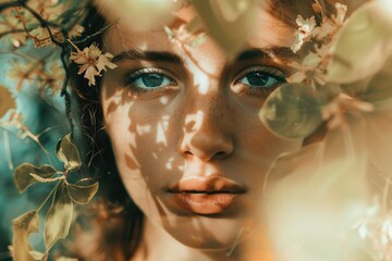 Wall Mural - Portrait of a woman wearing flowers in her hair, with a natural expression