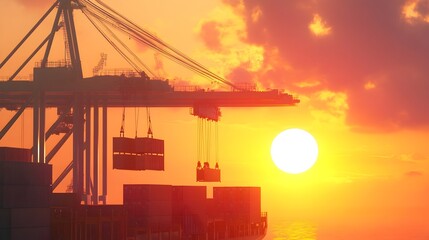 Fototapete - Cargo Containers Being Loaded onto a Ship at Sunrise Over the Harbor