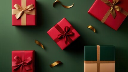 Fototapete - Brightly colored minimalist gift boxes in geometric shapes are adorned with vibrant ribbons, creating a festive holiday display. Generative AI