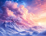 A beautiful painting of a mountain range with a tree in the foreground. The sky is filled with clouds and the sun is setting, creating a serene and peaceful atmosphere