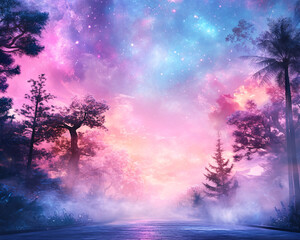Wall Mural - a beautiful, colorful sky with a forest in the background. the sky is filled with stars and the tree