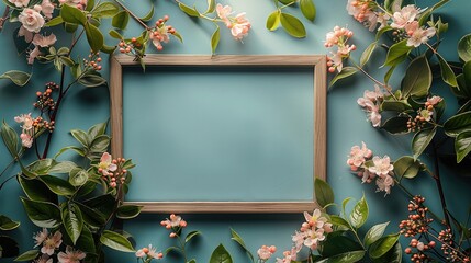 Poster - Light blue background, elegant Design piece, A wooden photo frame with a bunch of fresh flowers and leaves. Generative AI.