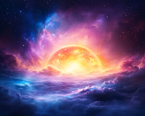 Wall Mural - a colorful, glowing sun is rising over a cloudy, star-filled sky. the sky is filled with a variety o
