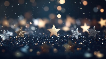 Poster - Various sizes of shimmering gold stars sparkle against a dark backdrop, forming an enchanting abstract composition. Generative AI