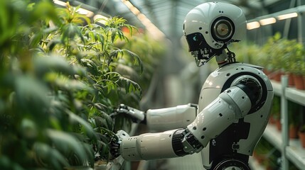 Aufkleber - A robot working in a futuristic greenhouse. Generative AI.