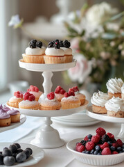 Poster - A beautiful and elegant summer high tea with different mini cakes on fancy stand on a white table against a plain light background. Generative AI.