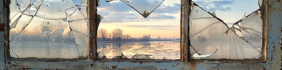 Sticker - A shattered window offering a glimpse of the riverbank