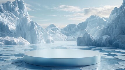 Aufkleber - White circular podium with ice landscape background. Minimalist scene for product display presentation. Generative AI.