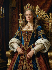 Wall Mural - Renaissance-style painting portrait of a queen in royal attire sitting on the throne, Generative AI	
