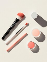 Poster - A curated selection of cosmetics featuring brushes, lipstick, and powder is beautifully displayed on a light background, showcasing elegance. Generative AI