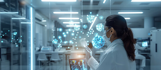 Poster - A scientist conducting virtual experiments in a simulated lab environment using advanced simulation software, Modern lifestyle scene, Virtual laboratory style. Generative AI.