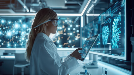 Aufkleber - A scientist conducting virtual experiments in a simulated lab environment using advanced simulation software, Modern lifestyle scene, Virtual laboratory style. Generative AI.