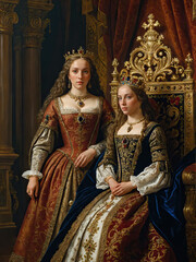 Wall Mural - A Renaissance-style portrait of two noblewomen in royal attire, Generative AI