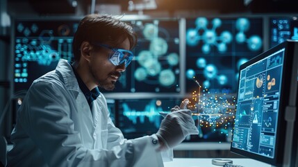 Poster - A scientist conducting virtual experiments in a simulated lab environment using advanced simulation software, Modern lifestyle scene, Virtual laboratory style. Generative AI.