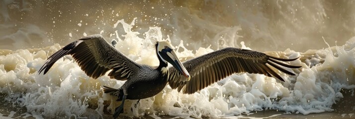 Poster - pelican landing elegantly on water with a smooth pan movement