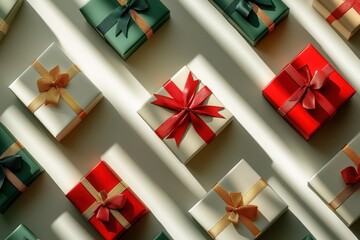 Aufkleber - Festively wrapped Christmas gift boxes in geometric designs showcase vibrant colors and intricate bows, creating a joyful holiday display. Generative AI