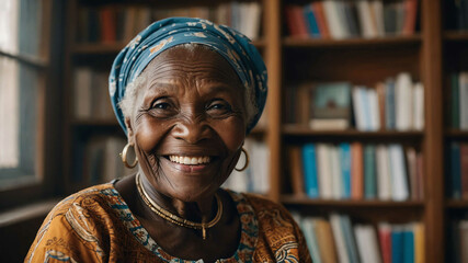 elderly african girl public library background portrait