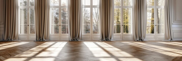 Canvas Print - Interior view of a spacious area featuring large windows draped with curtains, an exterior door, and a parquet floor.