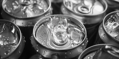 Poster - A collection of soda cans photographed in a close-up shot, ideal for use in advertising or educational materials about recycling and waste management