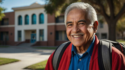 elderly hispanic boy school campus background portrait