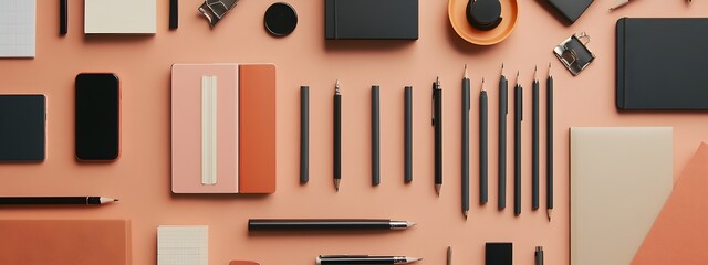 Poster - Flat Lay of Minimalist Office Supplies on Plain Background