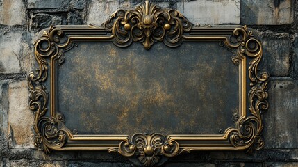 Ornate arched retro metal plaque with a blank rectangular space for content, featuring an elaborate border design, ideal for vintage or classic signage and decorative elements in various settings.