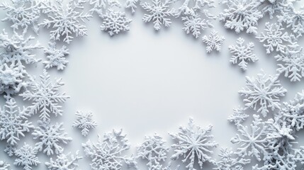 Wall Mural - Elegant New Year's snowflakes on a pristine white background, featuring a simple and clean design with a central blank space, perfect for festive greeting cards, invitations, and holiday decorations.