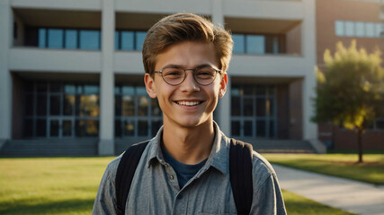 Sticker - middleaged caucasian boy school campus background portrait