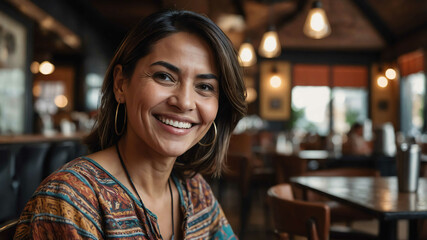 Sticker - middleaged hispanic girl cafe restaurant background portrait