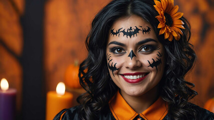 Wall Mural - middleaged hispanic girl halloween theme background portrait