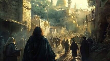 Jesus Walking Through the Streets of Jerusalem in Biblical Times