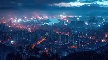 Wall Mural - The city is located beside mountains, modern city, night scape, Skyscrapers, panoramic view. Generative AI.