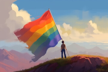 Person Holding Rainbow Flag on Mountaintop