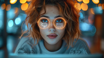 Leinwandbilder - In the office, a project manager is working on a computer. On a laptop, augmented reality icons appear for social media. Things connected to the Internet. Generative AI.