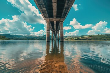 Sticker - A serene image of a bridge spanning across a calm body of water, suitable for use in travel, landscape, or architecture projects