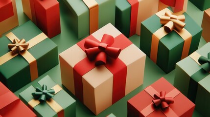 Poster - Colorful gift boxes in various geometric shapes are beautifully arranged, adorned with bright ribbons and bows to celebrate the festive season. Generative AI