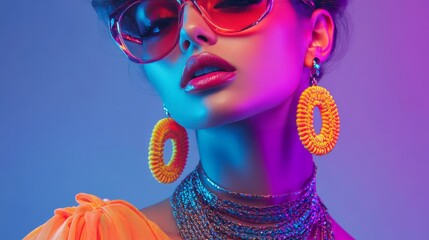 Wall Mural - Fashionable woman in vibrant outfit with bold accessories and sunglasses, showcasing a trendy and colorful style in dramatic lighting.