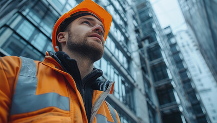 Aufkleber - An engineer in a hard hat inspects the exterior of a high-rise building. Generative AI.