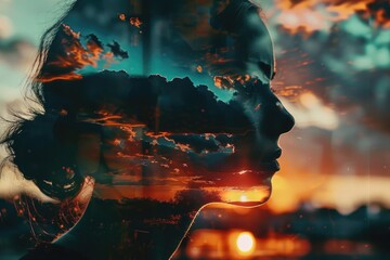 Poster - Portrait of a woman looking out at a beautiful sunset