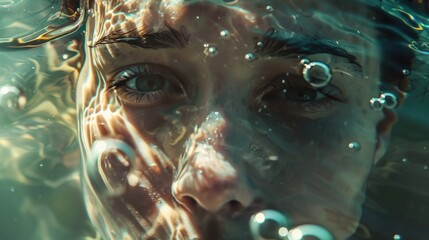 Canvas Print - A close-up shot of a person submerged in water, potentially in distress or enjoying a swim